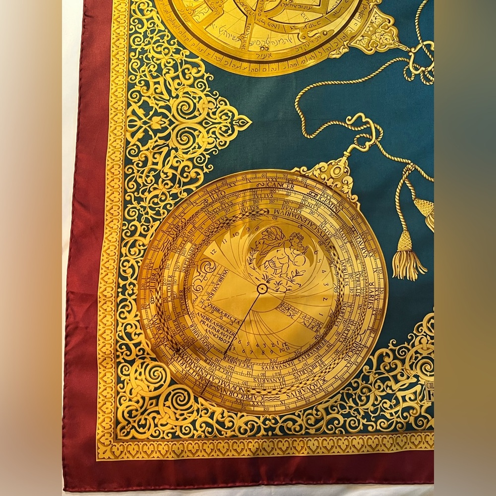 Vintage Gianfranco Ferre Silk Scarf Golden Astronomy Calendar hand rolled 34x34 - Picture 4 of 10